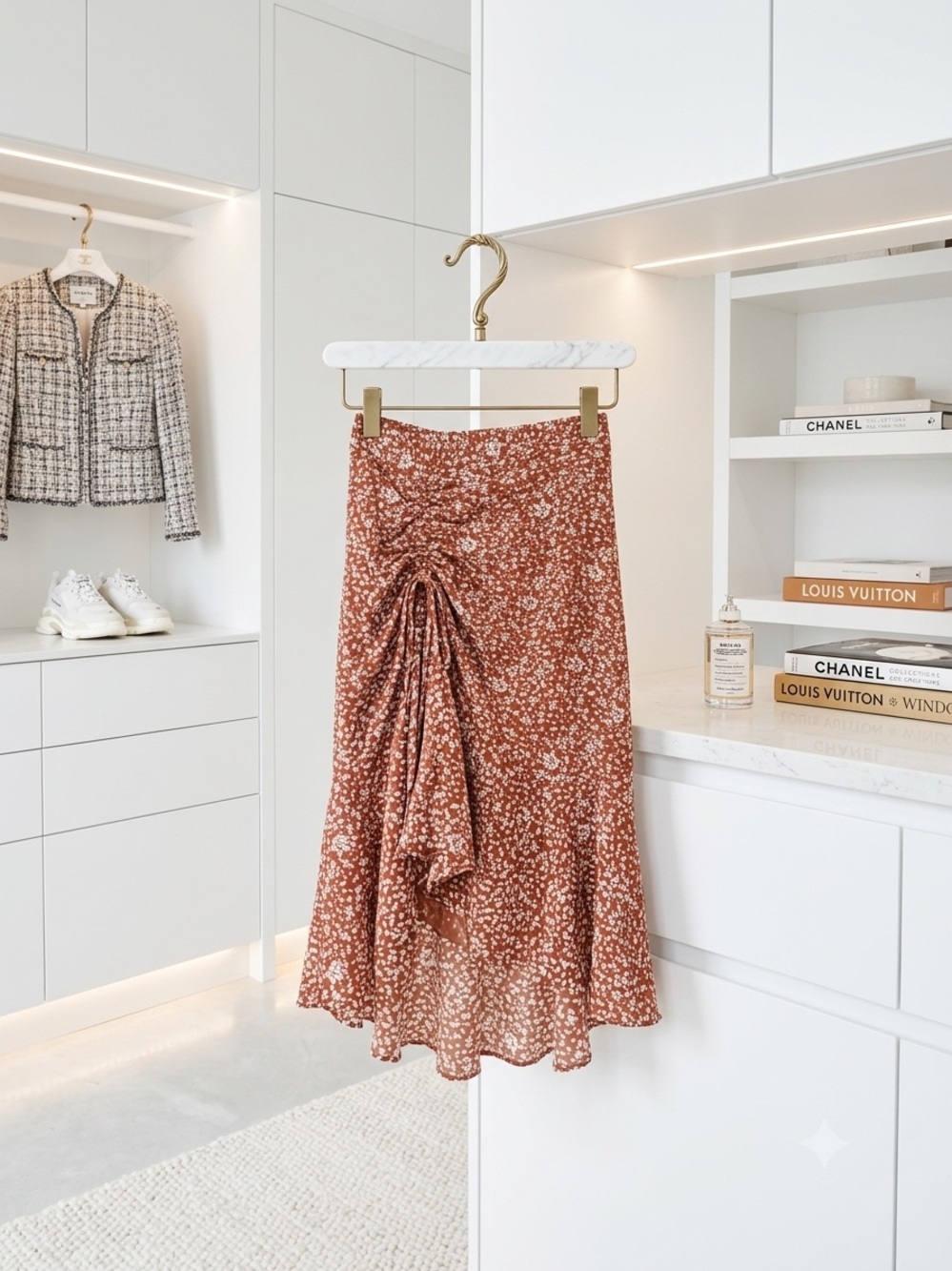 Zoya Rust Floral Asymmetrical Ruched Midi Skirt